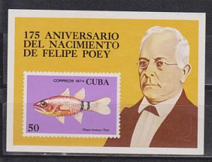 Куба, 1974, 175 лет Ф. Пойе, Рыбы, блок